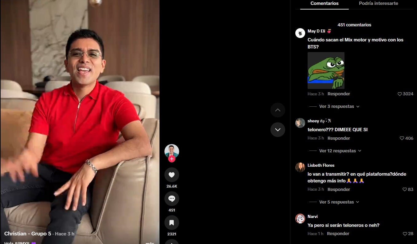 Christian Yaipén invita a los ARMY al streaming party de BTS y confirma que irá a sus conciertos en Lima. Captura: TikTok.