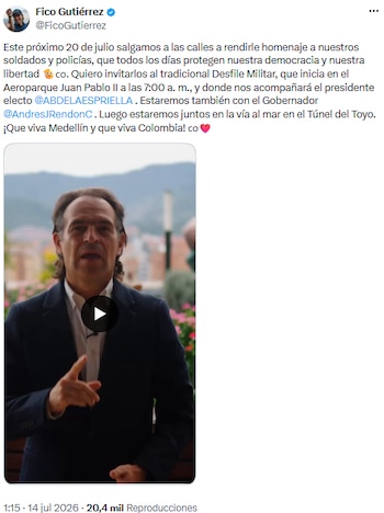 Federico Gutiérrez invitó a las familias a participar en el desfile patrio de Medellín - crédito @FicoGutierrez/X