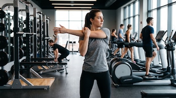 Una mujer estira el brazo frente al pecho en un gimnasio con máquinas de ejercicio y personas al fondo.