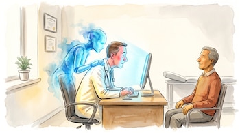 Ilustración de un médico ante una computadora, un paciente sentado enfrente y una figura humana azul transparente proyectada desde la pantalla.