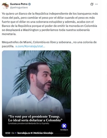 Gustavo Petro, presidente de Colombia, dijo que cambiar el peso por el dólar cuando el peso es más fuerte que el dólar es una soberana estupidez - crédito @PetroGustavo/X