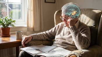 Un anciano con gafas lee un periódico en un sillón, bajo la luz del sol matinal. Se superpone una imagen de su cerebro semitransparente con el hipocampo iluminado.