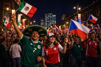 Un hombre con sombrero de mariachi y camiseta de México levanta una bandera mexicana. Una mujer con gorra y camiseta de República Checa sostiene una bandera checa. Hay más personas y banderas en la calle de noche.