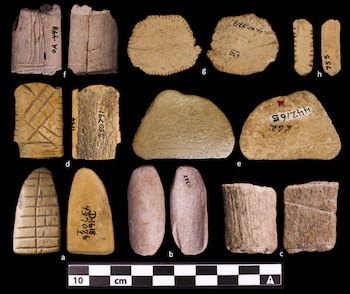 Un collage de dieciséis artefactos arqueológicos antiguos de hueso o piedra, de diversas formas y tamaños, con marcas grabadas, sobre un fondo negro