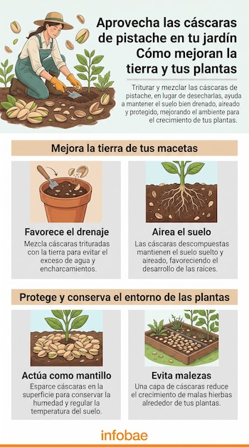 Infografía con ilustraciones de una persona en un jardín y cuatro recuadros explicativos sobre el uso de cáscaras de pistache en macetas.