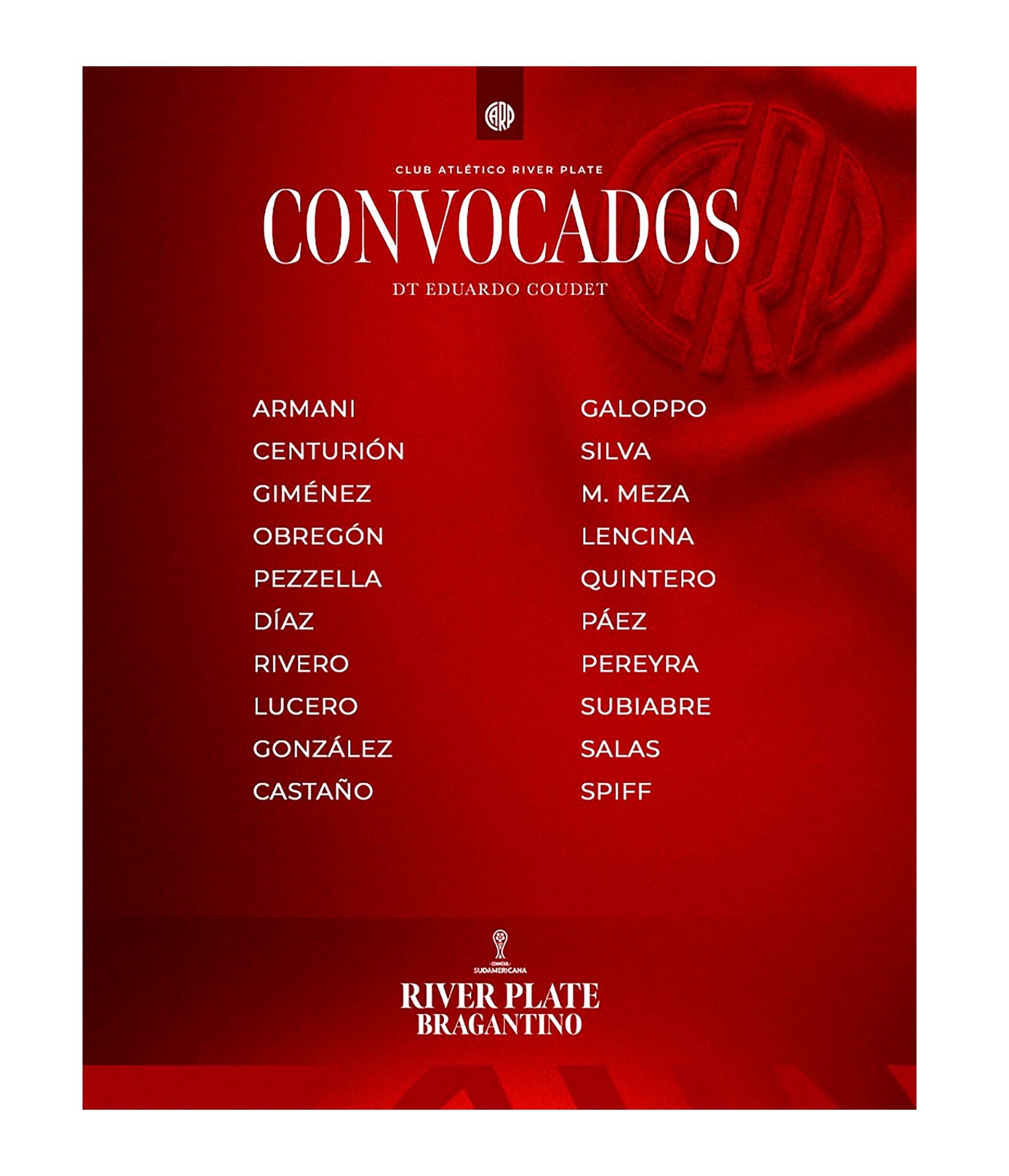La imagen muestra la lista oficial de 20 jugadores convocados por el DT Eduardo Coudet para el partido de River Plate contra Bragantino por la CONMEBOL Sudamericana. (@RiverPlate)