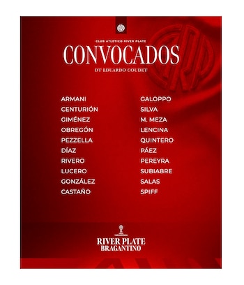 Gráfica roja con letras blancas que detalla la lista de 20 jugadores convocados de River Plate por DT Coudet para el partido contra Bragantino de la CONMEBOL Sudamericana