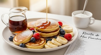 Mini pancakes en plato, cubiertos con azúcar glas y jarabe, acompañados de frambuesas, arándanos y plátano. Una jarra con jarabe y una receta están cerca.
