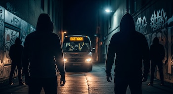 Cuatro personas encapuchadas de espaldas, un microbús blanco con luces encendidas y letrero digital, paredes con grafitis y farolas en un callejón oscuro.
