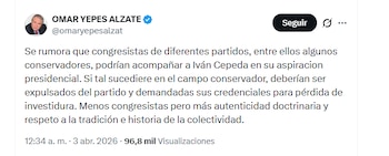El expresidente del Partido Conservador Omar Yepes Alzate aseguró que los congresistas que apoyen a Iván Cepeda deberían ser expulsados del partido - crédito @omaryepesalzat/X