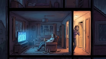 Ilustración de una casa seccionada con vista interior. Un hombre mira televisión en un salón y una mujer habla por teléfono en un cuarto contiguo. Llueve afuera.