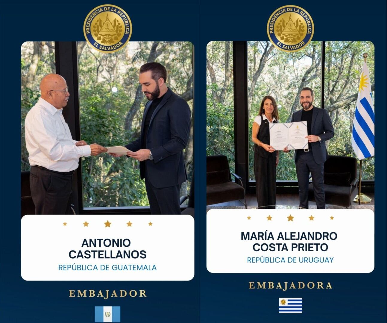El presidente Nayib Bukele recibió las cartas credenciales de los nuevos embajadores de Guatemala y Uruguay (Foto cortesía Diario El Salvador).