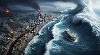 Vista aérea de una ciudad costera devastada por una falla geológica que causa grietas, incendios y un enorme tsunami que impacta el litoral.