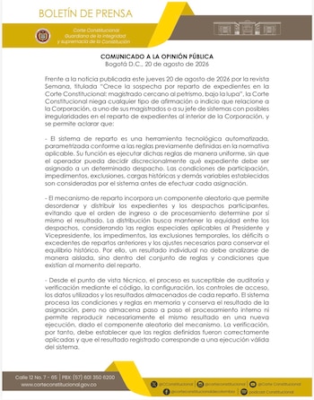 El sistema de la Corte Constitucional conserva el resultado de cada asignación y permite verificar el código, la configuración, los controles de acceso y los datos del reparto - crédito @CConstitucional/X