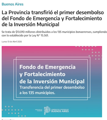 Anuncio del Gobierno bonaerense del 1er desembolso del Fondo para Inversión Municipal
