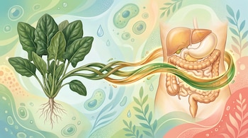 Ilustración de una planta de espinaca conectada mediante líneas fluidas a un diagrama del sistema digestivo humano con hígado, estómago e intestinos.
