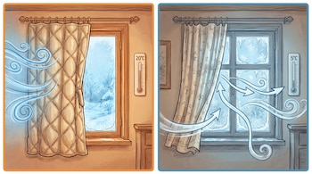 Ilustración de una ventana dividida en dos paneles: a la izquierda, una cortina térmica gruesa y un termómetro a 20°C; a la derecha, una cortina fina, escarcha en el cristal y un termómetro a 5°C.