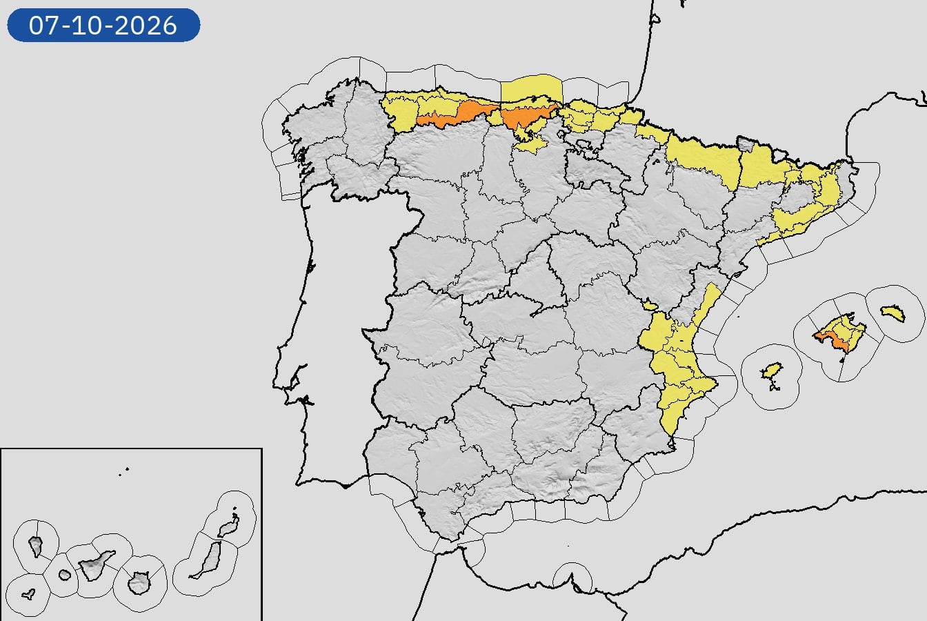 Avisos meteorológicos por lluvias y tormentas este miércoles 7 de octubre de 2026. (Aemet)