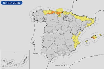 Avisos meteorológicos por lluvias y tormentas este miércoles 7 de octubre de 2026. (Aemet)