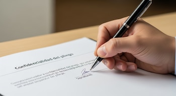 Primer plano de una mano firmando un documento con un bolígrafo negro. El documento muestra el título "Confidencialidad del pliego" y una firma.