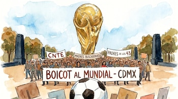 Ilustración en acuarela de una multitud protestando con pancartas frente a una gran Copa Mundial de fútbol dorada, con un balón en primer plano.
