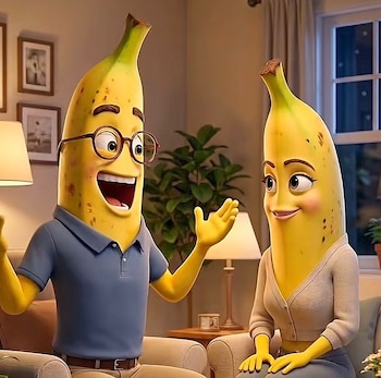 Imagen de dos plátanos antropomórficos animados, sentados en sillones en una sala. El de la izquierda lleva gafas y polo, el de la derecha un cárdigan