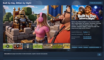 Captura de pantalla de página de videojuego 'Built by Day, Bitten by Night' con personaje caballero, mujer con auriculares, hombre, texto y miniaturas