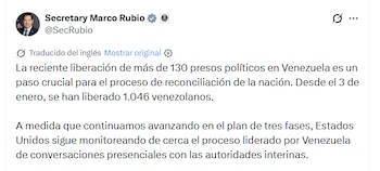 Captura de pantalla de un tuit de Secretary Marco Rubio sobre la liberación de más de 130 presos políticos en Venezuela