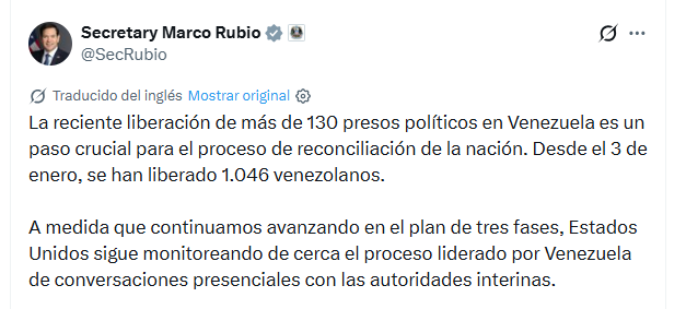 El senador Marco Rubio publica un mensaje en redes sociales que señala la liberación de más de 130 presos políticos en Venezuela como un paso crucial para la reconciliación del país.