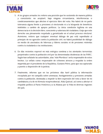 Cepeda exigió garantías para que la voluntad popular se exprese libremente, sin interferencias armadas, en los comicios del 31 de mayo - crédito prensa Iván Cepeda