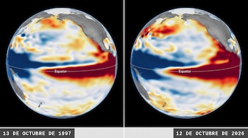Dos globos terráqueos centrados en el océano Pacífico con mapas de calor sobre la línea del ecuador y fechas en la parte inferior.