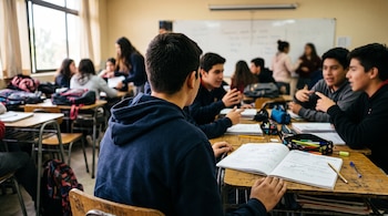 Un estudiante de espaldas observa a sus compañeros sentados en escritorios de madera con cuadernos abiertos en un aula.