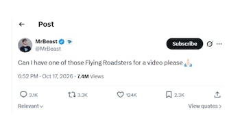 Captura de pantalla de una publicación en la red social X de la cuenta verificada MrBeast con un texto en inglés y métricas de interacción