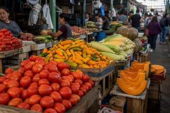 Pilas de tomates, ajíes amarillos, choclos enteros y cortes de zapallo sobre mesas de madera en un mercado.