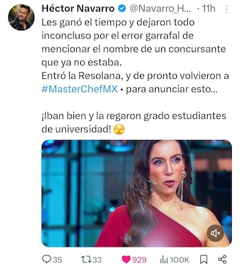 Captura de pantalla de un tuit de Héctor Navarro con texto y una imagen de una mujer de cabello oscuro y vestido rojo de un solo hombro, con expresión de sorpresa