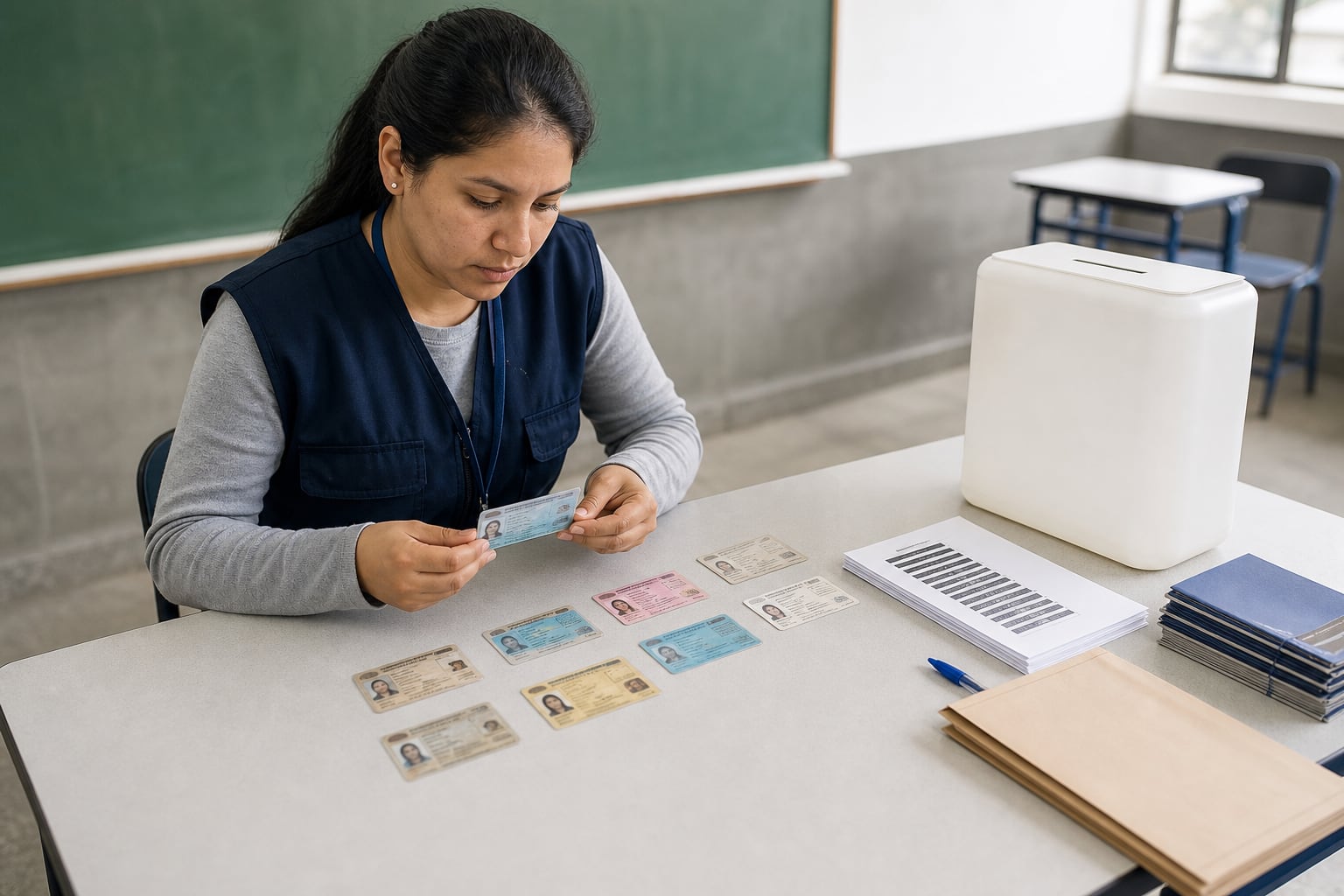 Una miembro de mesa examina documentos de identidad sobre una mesa con material electoral y un ánfora en un centro de votación en Perú. (Imagen Ilustrativa Infobae)