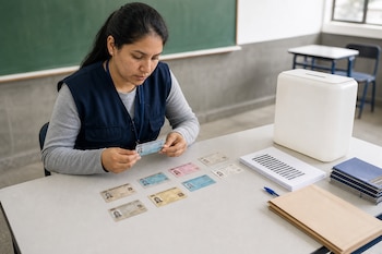 Una mujer sentada a una mesa revisa un documento de identidad junto a varias tarjetas de colores, listas de papel y una caja plástica blanca.