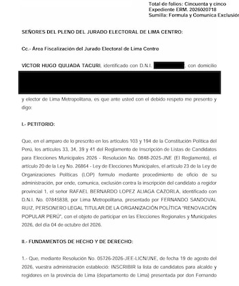 Documento impreso con texto en español dirigido al Jurado Electoral de Lima Centro sobre un trámite de exclusión de candidatura