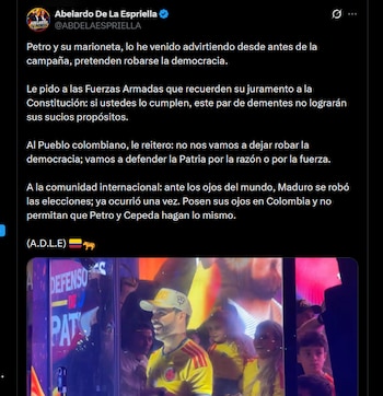 El candidato de extrema derecha Abelardo de la Espriella proclama su victoria anticipada para el 21 de junio y exige apoyo militar ante un eventual resultado adverso - crédito X