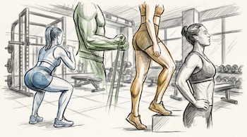Ilustración de cuatro figuras realizando ejercicios en un gimnasio: una mujer en sentadilla, un hombre con banda de resistencia, una mujer ejercitando pantorrillas y otra respirando profundamente.