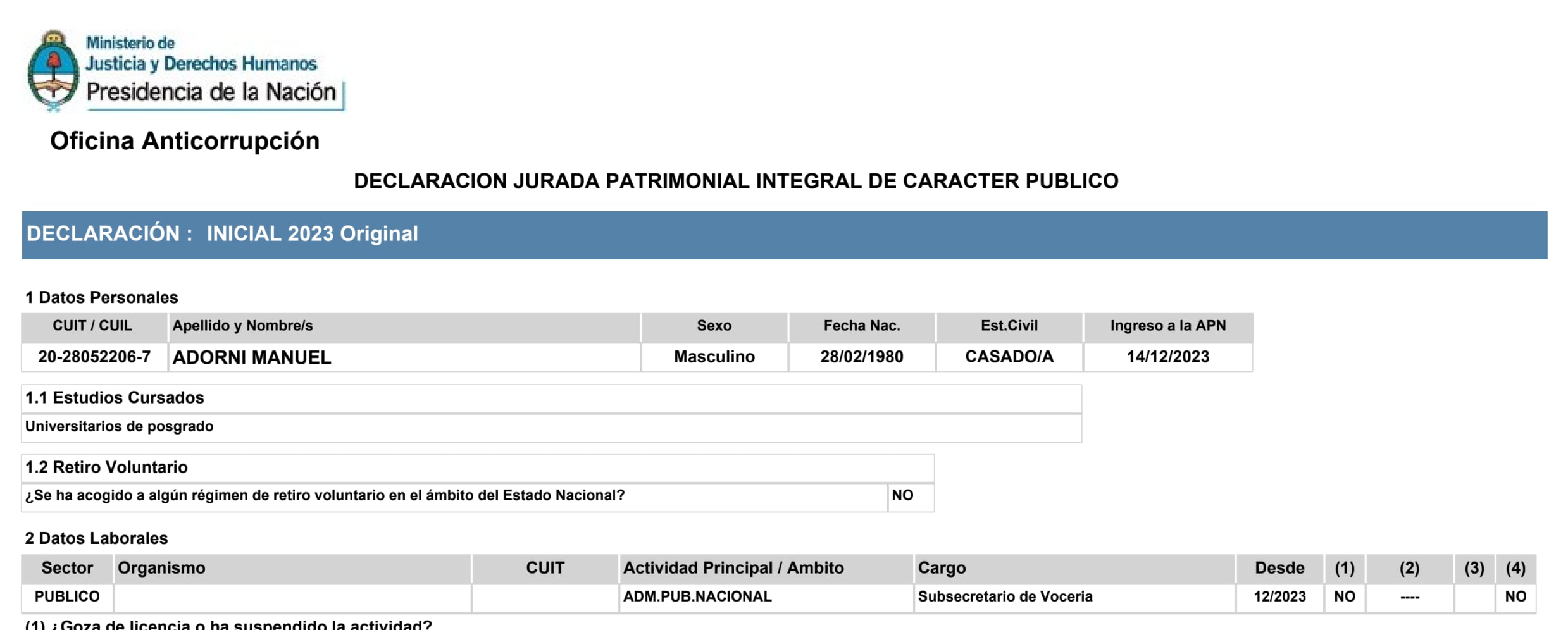DDJJ 2023 Inicial que Adorni presentó ante la OA el 29 de enero de 2024