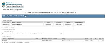 DDJJ 2023 Inicial que Adorni presentó ante la OA el 29 de enero de 2024