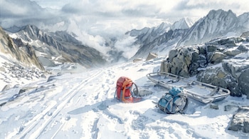 Acuarela de dos mochilas y una camilla de rescate sobre la nieve, junto a huellas marcadas y montañas de fondo.