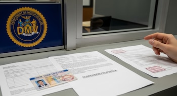 Un mostrador del DMV de Nueva York con una licencia de conducir, una carta de 'Suspensión Propuesta' y documentos. Una mano sujeta la carta cerca del logo del DMV.