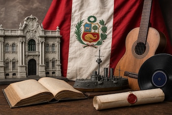 Bandera de Perú detrás de la maqueta de un edificio clásico, un libro abierto, un barco en miniatura, una guitarra de madera y un pergamino.