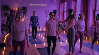 Personas sobre esterillas usas auriculares verdes en una habitación con velas encendidas en el suelo y luz ambiental morada.