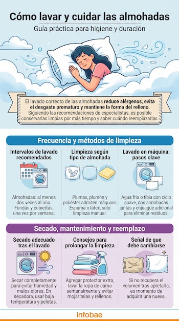 Infografía con recuadros informativos e ilustraciones de una persona durmiendo, lavarropas, secadora y almohadas de diversos materiales.