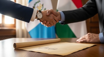 Primer plano de un documento firmado sobre una mesa de madera. Dos hombres de traje se dan la mano frente a las banderas de Guatemala y Hungría.