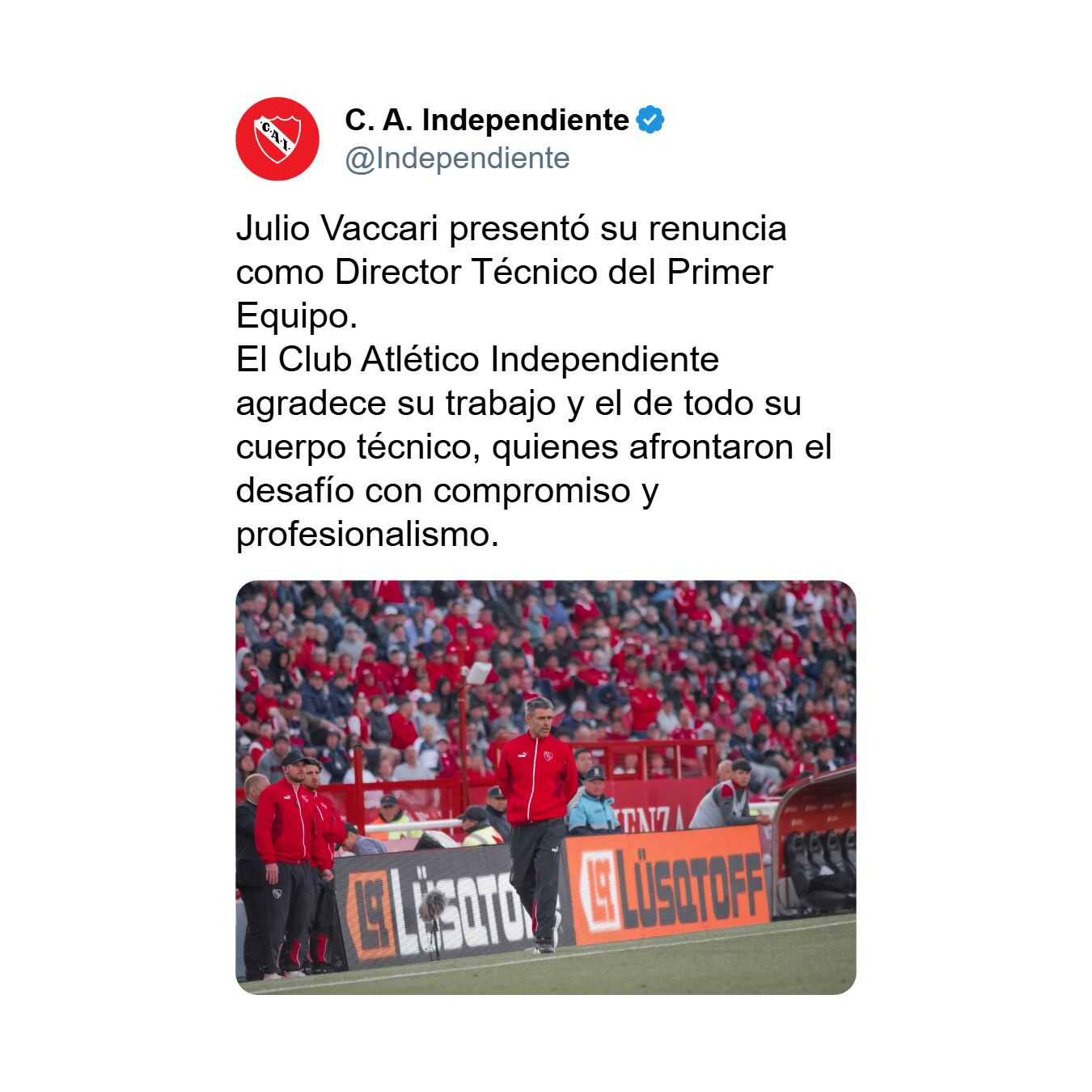Independiente confirmó la renuncia de Vaccari