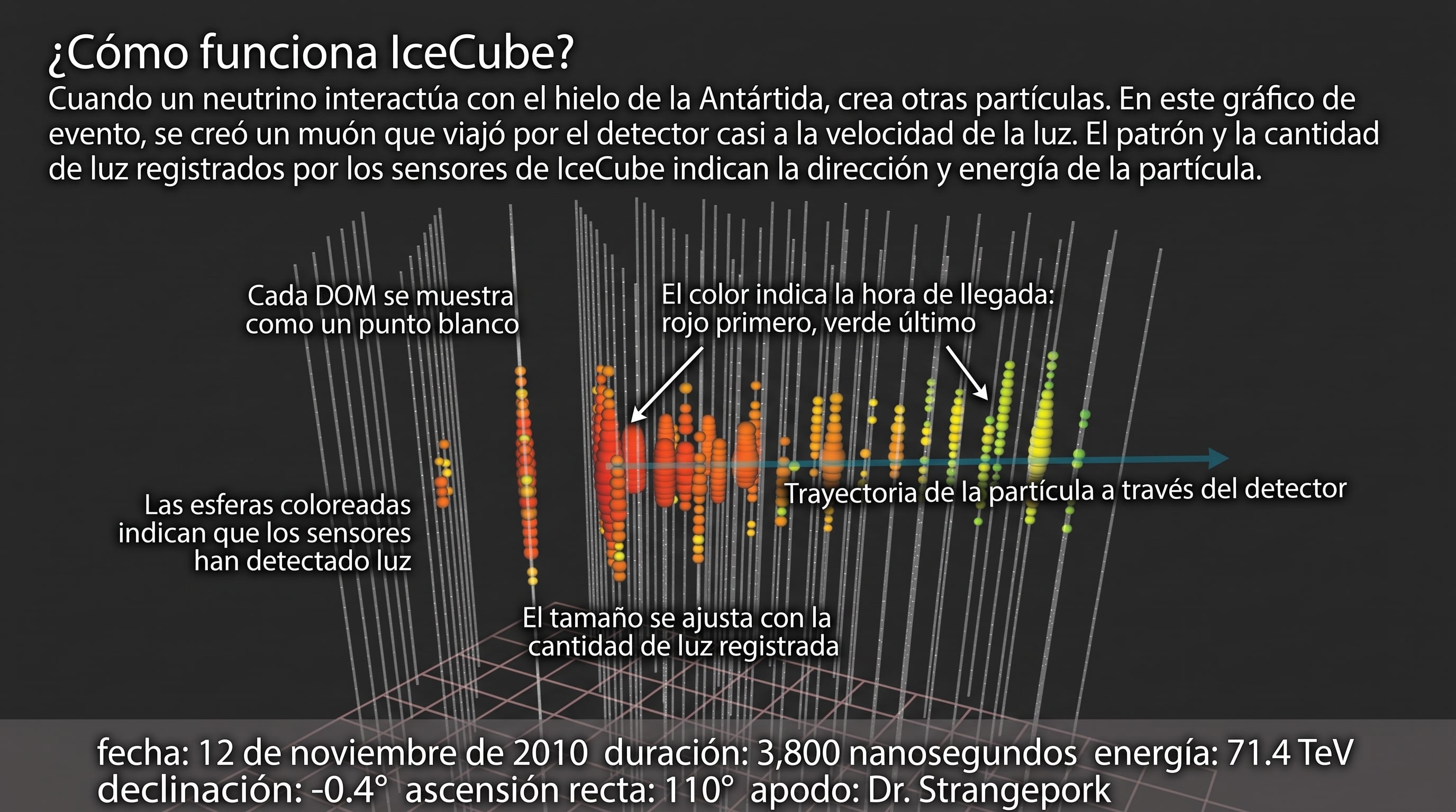 La falta de carga eléctrica permite que los neutrinos mantengan su trayectoria recta desde su punto de origen. (IceCube)
